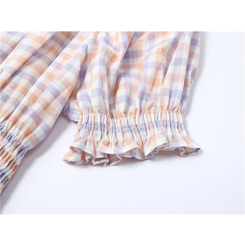 

Plaid Crop Blouses Or Tops For Ladies Fashion Short Sleeve Square Collar Elastic Shirts Female Sweet Rok Elegant Ins Blusas Tops