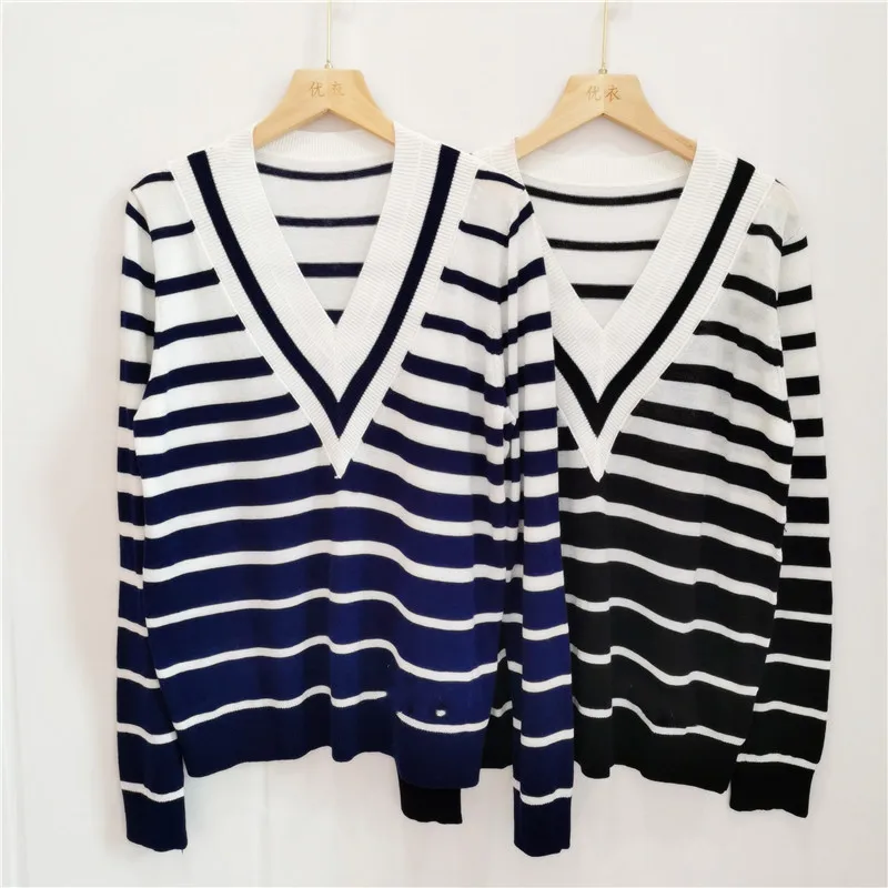 

Embroidery Knitwear 2020 Autumn Large V-neck Striped Pullover Women's Clothing Striped Sweater Designer Luxury