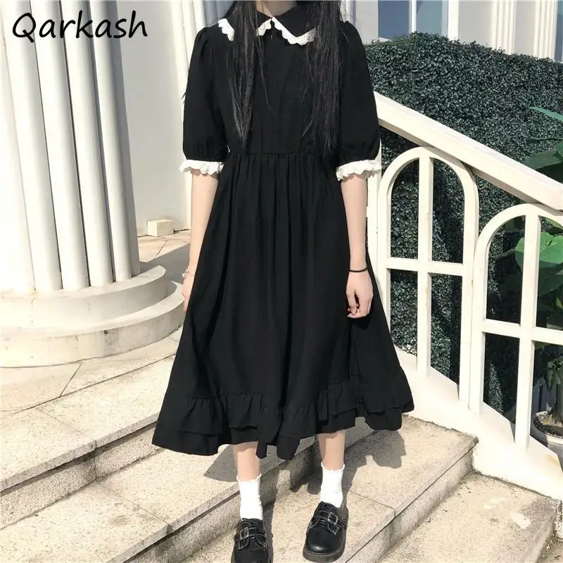 

Dress Women Large Size College Black Trendy Preppy Summer Design Vestido All-match Kawaii Sweet Party Puff Sleeve Lace Patchwork