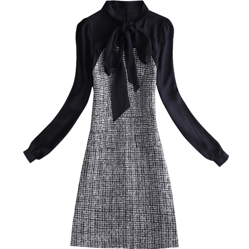 

Elegant Lady Dresses Autumn Winter New Chiffon Patchwork Slim Bow Neck Lantern Sleeved Office Lady Pulls Dresses Top Quality