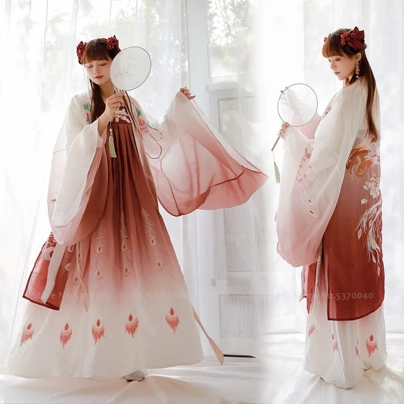 Женское платье в китайском стиле с вышивкой и градиентной юбкой| |