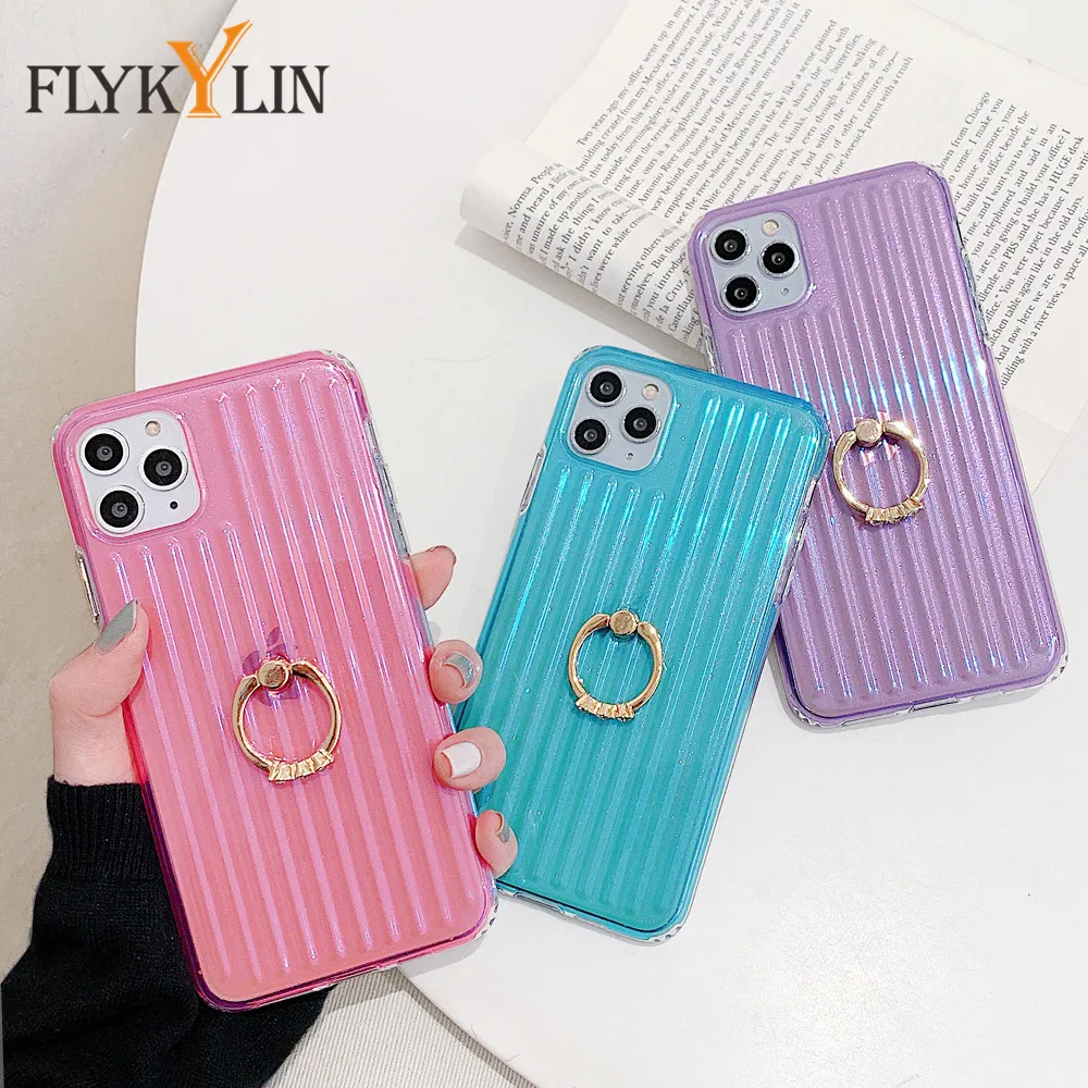 FLYKYLIN Laser Solid Color Ring Holder Phone Case For iPhone SE 2020 11 Pro Max XR XS 7 8 Plus Stripe Texture Soft IMD Cover |