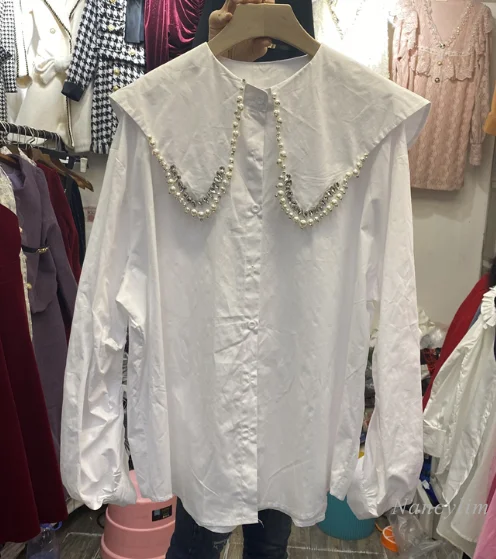 

Fashion Beaded Loose Blouse for Women 2021 Spring All-Match Rhinestone Pearl Shirt Girls Ladies Peter Pan Collar Pink White Top