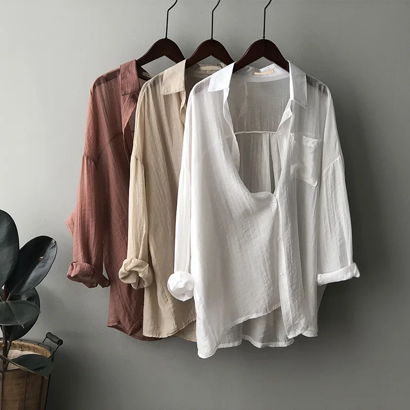 Женская однобортная блузка с отложным воротником свободная Однотонная рубашка
