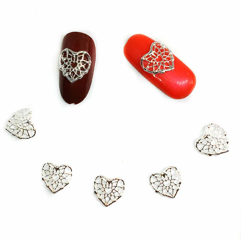

40Pcs Love Heart Nail Art Decorations Hollow 3d Alloy Nailart Supplies Charms Studs Silver Para Embellishments for Nail Design