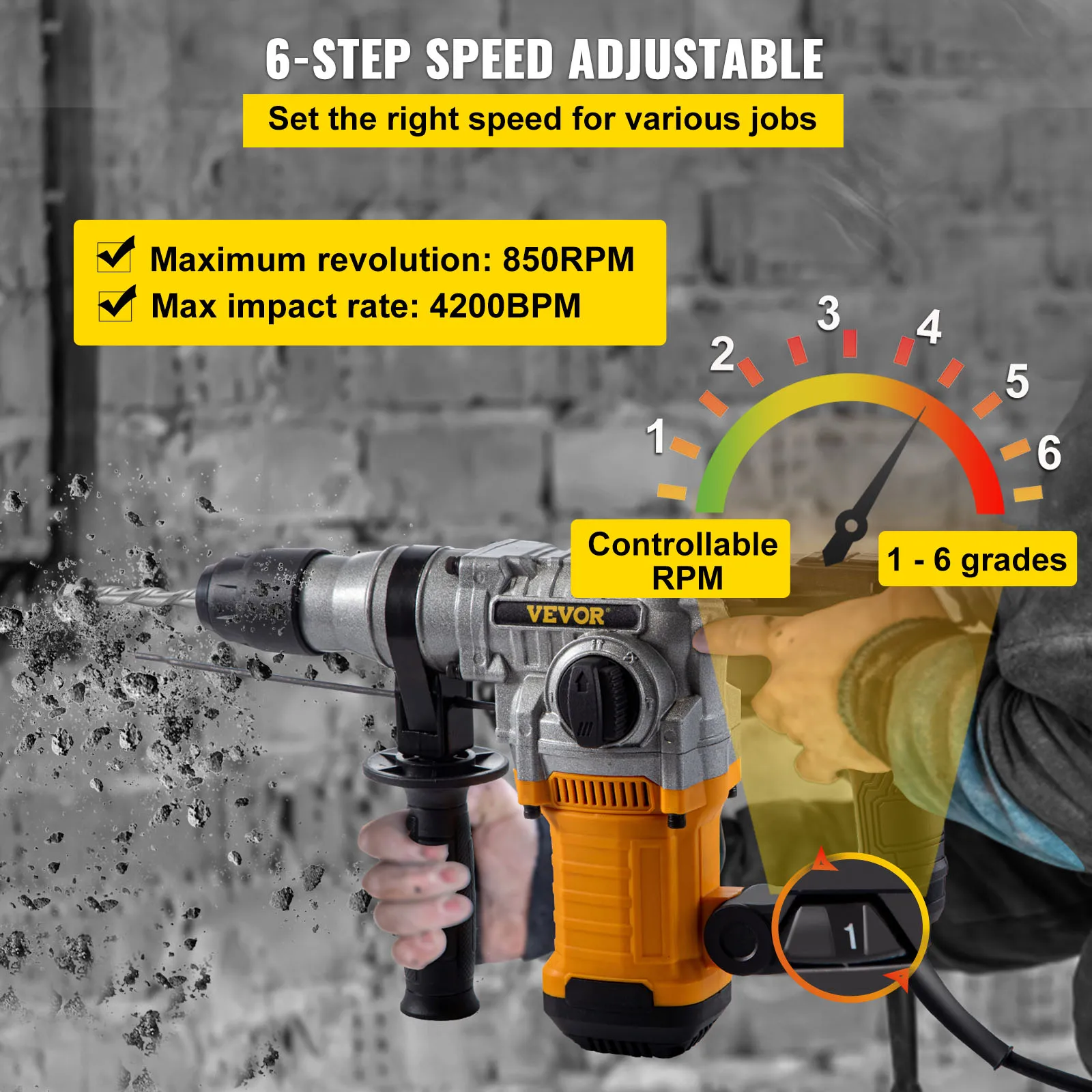 VEVOR 1050 Вт Перфоратор с максимальным сверлением 26 мм SDS Plus отбойный молоток 4 в 1