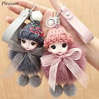 cute plush bow keychain gift big eyed doll fox fur car key pendant plush pendant