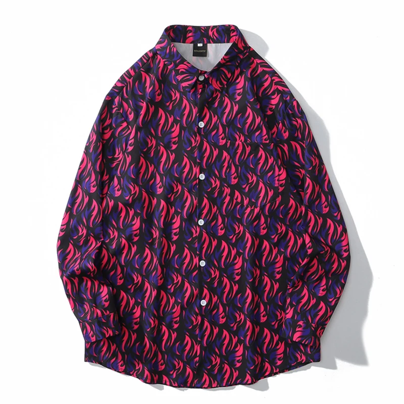 

Harajuku Loose Summer Tops Men Casual Flame Print Blouse 2021 New Long Sleeve Oversize Blusas Shirt Hip-hop Streetwear