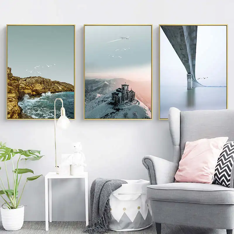 Скандинавский постер Постер Морская волна и мост на закате настенные картины для