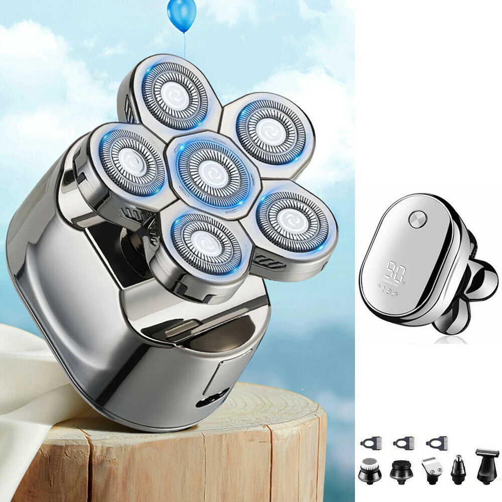 Professional Smooth Skull Nose Ear Hair Trimmer 6 Removable Heads Facial Cleaning