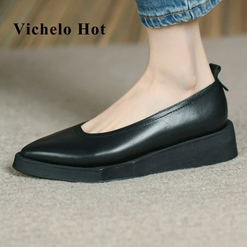 

Женские туфли-лодочки Vichelo, из натуральной кожи, с острым носком, на толстой подошве, красивые повседневные туфли без застежек, L32