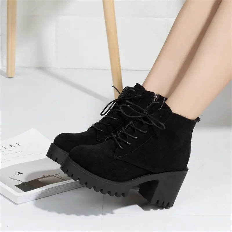

Suede High heel Ankle boots women autumn winter shoes women Cross Straps Square heel Snow Boots Short Plush Short boots