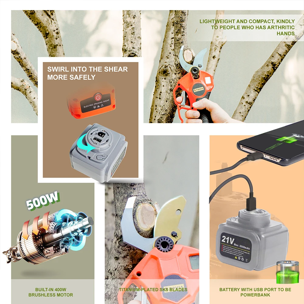 Аккумуляторная электро-секаторная гарнитура 21V для садовых работ, мощные секаторы для обрезки деревьев.