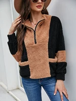 autumn winter knitted patchwork sweater women casual color block teddy fur zip up detail pocket sweater for women