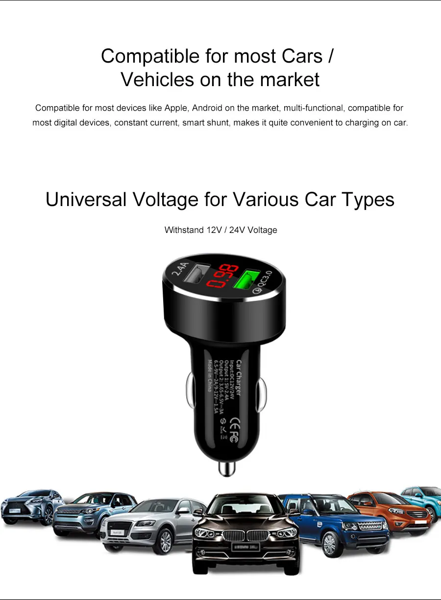 050 LED QC 3 0 быстрое автомобильное зарядное устройство двойной USB 2 4 А мини для iPhone