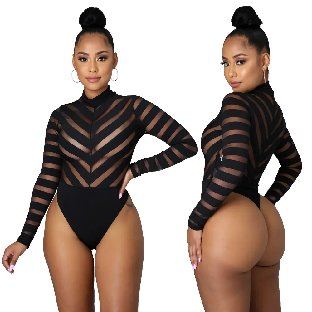 

2021 Spring Latest Women O-neck Bodysuits With Striped Printing Sexy Nightclub Wear Long Sleeve Mesh See-through Skinny Rompers