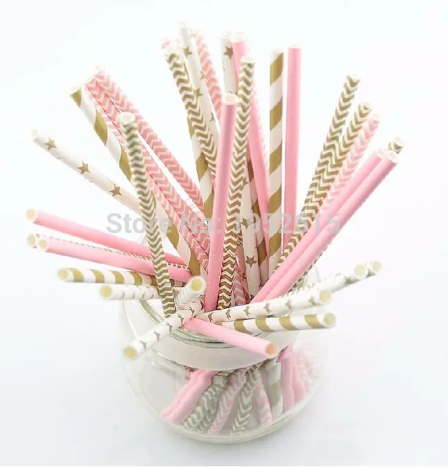 

Hot 125pcs(5bags)pink gold striped mixed kids birthday wedding decorative party decoration event supplies drinking Paper Straws