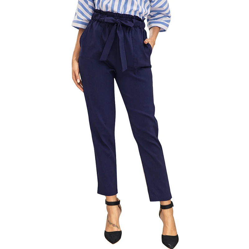 Высокая талия универсальные повседневные синие галстук-бабочка карманы женские