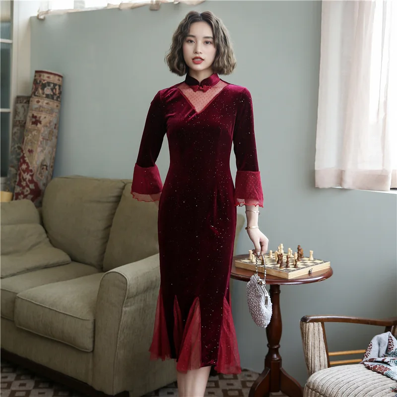 Винтажная Китайская одежда женское бархатное вечернее платье Ципао для
