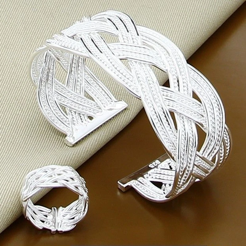 

New Style 925 Sterling Silver Interlaced Mesh Bracelet Ring Set For Female Engagement Party Wedding Fashion Charm Jewelry