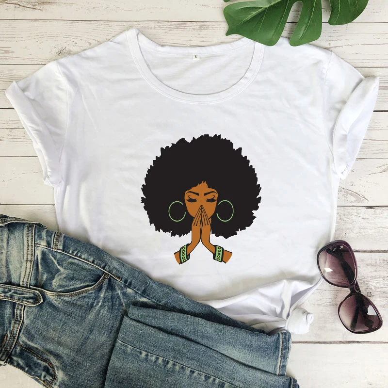 Ed Black Woman Praying T-shirt Aesthetic Black Queen Afro Hair Tshirt Trendy Beautiful African Female Lady Graphic Tee Top