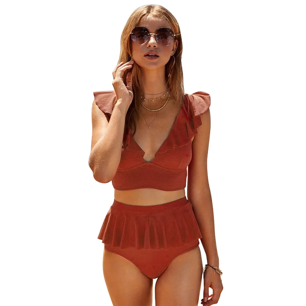 

Swimsuit Women 2 Pieces High Waist Korean Split Swimsuit Solid Color V-neck Swimsuit Female Lotus Leaf Side Decoration Bikini