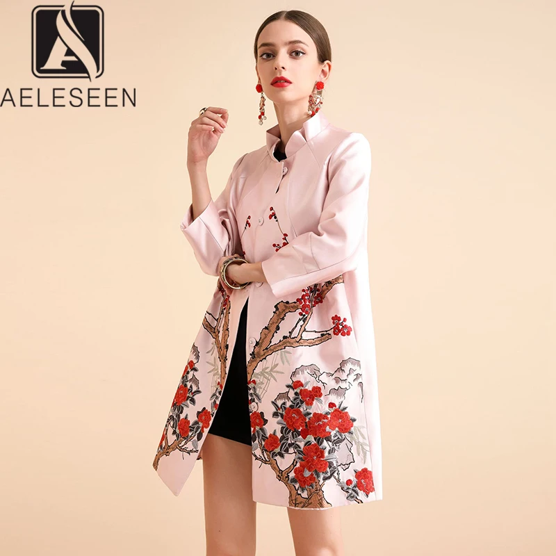 Женская Офисная ветровка AELESEEN Элегантное длинное пальто с цветочным узором и