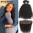 Черные жемчужные предварительно окрашенные Бразильские глубокие волнистые пучки с фронтальным не Реми человеческие волосы 3 пряди с 13x4 кружевной застежкой