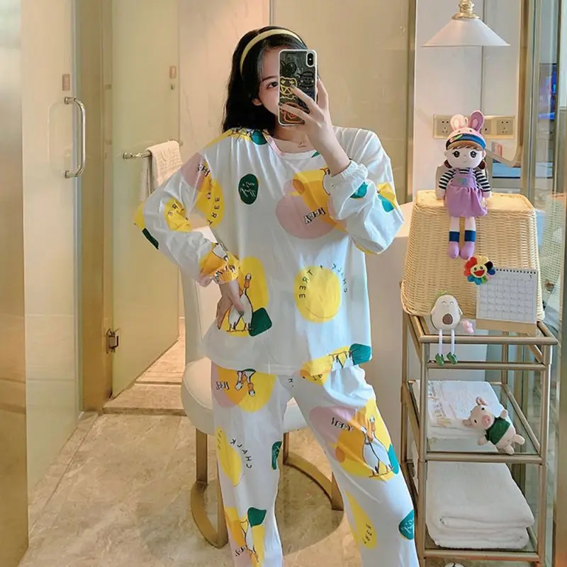 

Female Long-sleeved Home Wear Two Piece Set Sleepwear Suit Cute Women Cotton Pyjamas Pajamas Set Women's Autumn Nightwear/
