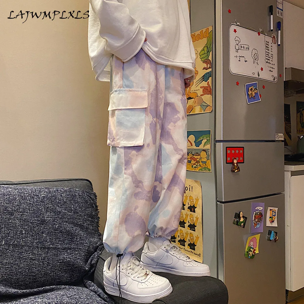 

Брюки Tie-dye мужские модные повседневные карго с карманами Мужская Уличная одежда корейские свободные прямые широкие штаны в стиле хип-хоп му...
