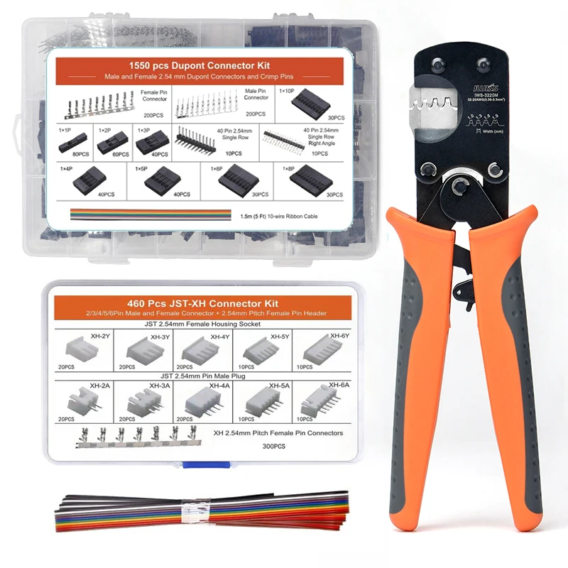 IWS-3220 Crimping Pliers Crimper Tool with 460pcs XH 2.54mm JST Connector Kit and  1550pcs 2.54mm DuPont Terminals Set