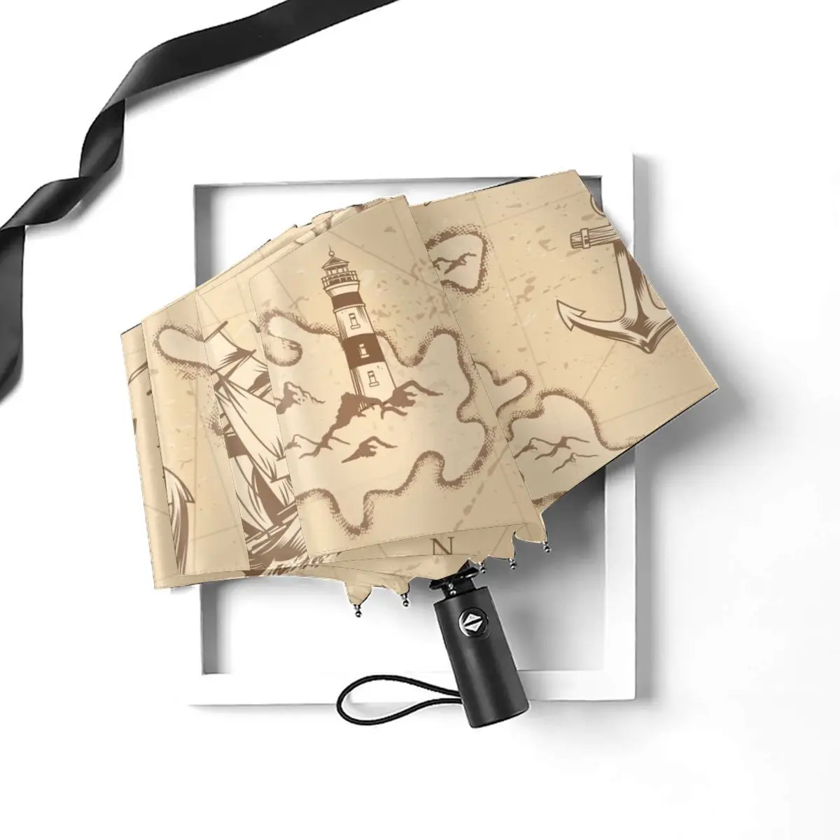 Economici Ombrello Automatico Da Pioggia Per Donna Ombrello A Tre Pieghe Ombrello Antivento Con Stampa Nautica Vintage Ombrello Impermeabile Femminile