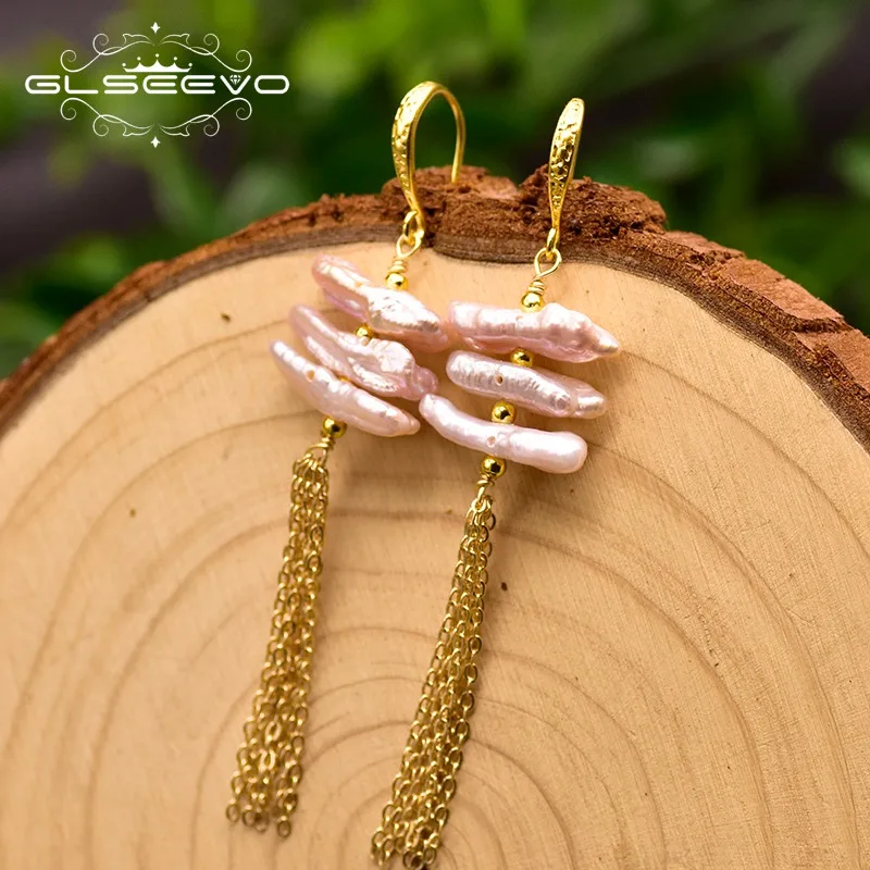 GLSEEVO натуральная пресная вода розовый жемчуг кисточкой Висячие серьги корейские