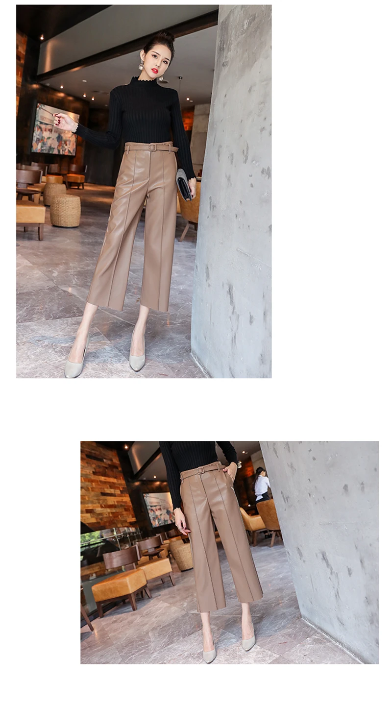 BGTEEVER Black Pu Leather Pants Women High Waist Belted Faux Leather Trousers Female Wide Leg Pants pantalon femme
