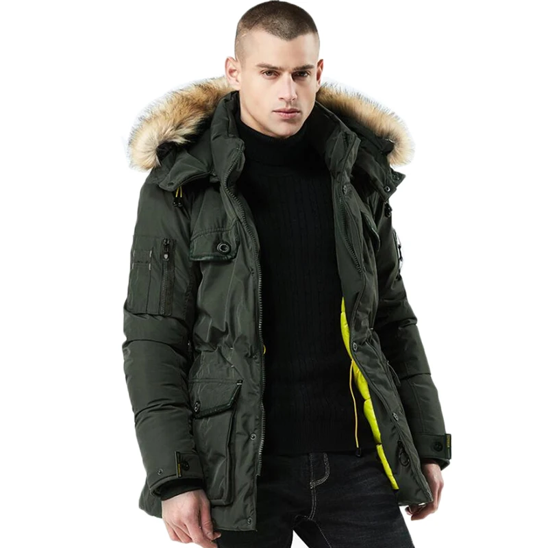 Зимнее меховое длинное пальто со съемной шапкой утепленные куртки мужская