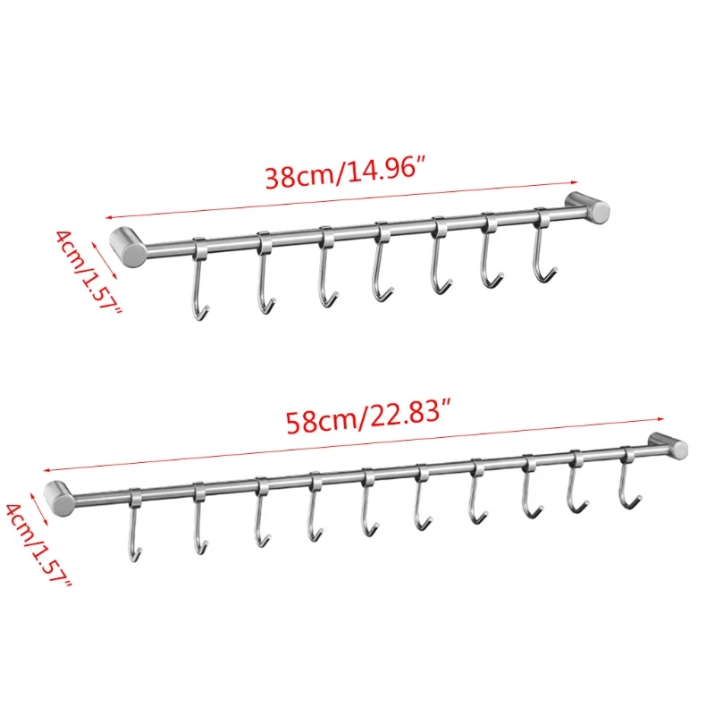 

Stainless Steel Wall Mount Pot Pan Hanging Rack Rail Kitchen Straight Bar Utensil Cookware Organizer with Sliding Hooks DropShip