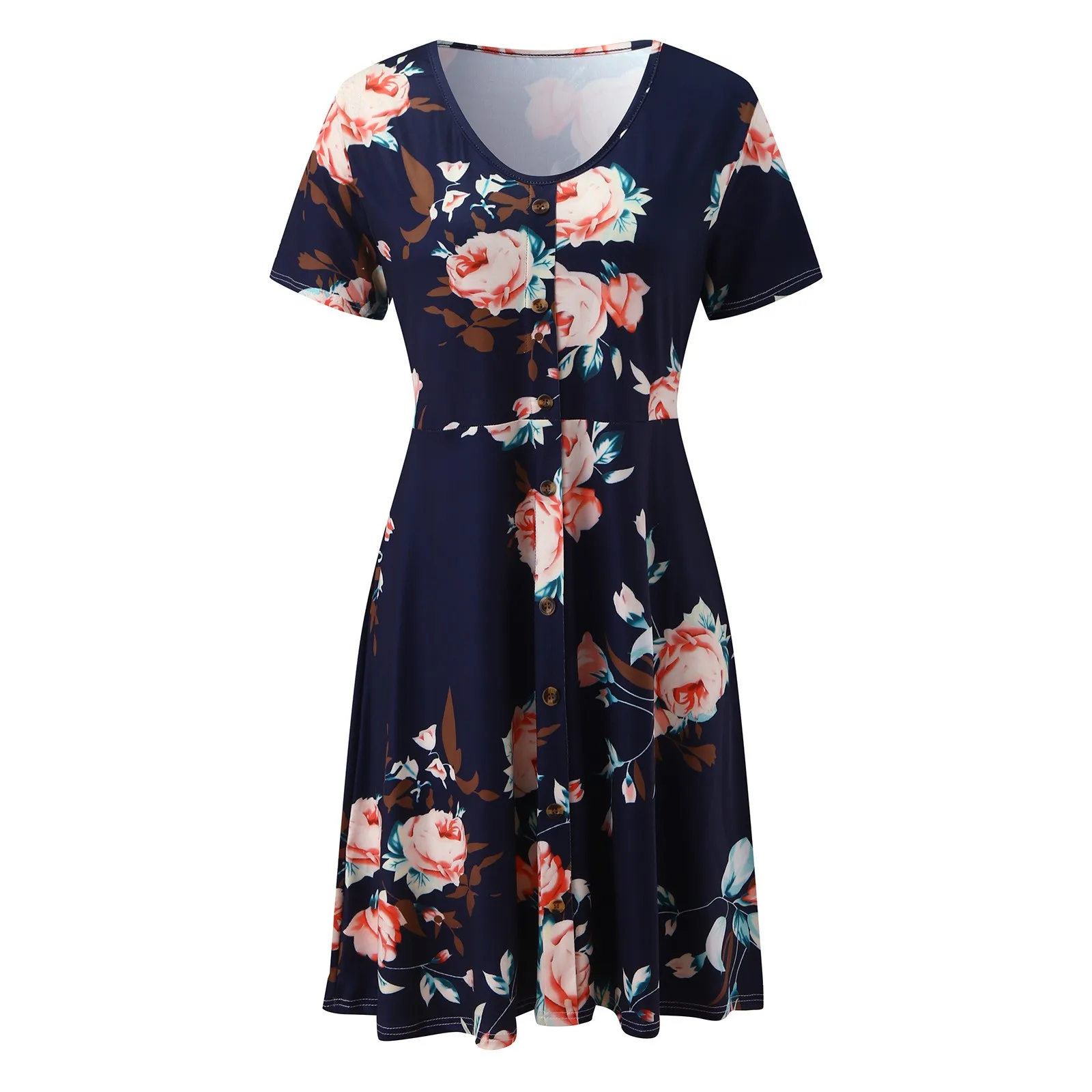 

40# Vintage Floral Print Button Down Summer Dress Causal Short Sleeve Plus Size O Neck Dress Elegant Dresses For Women Vestidos