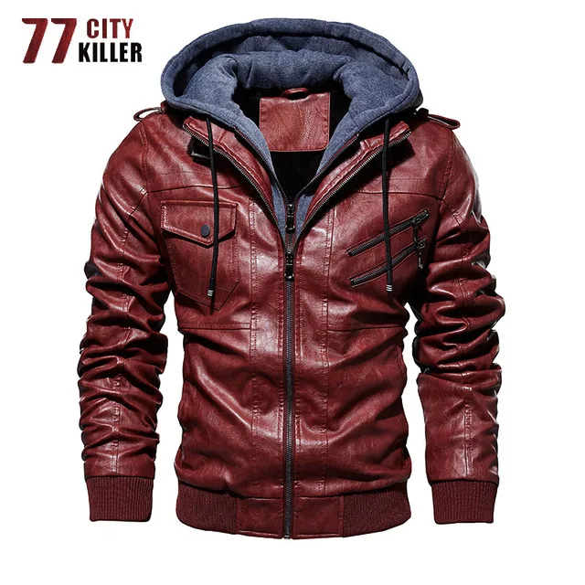 Style 3 Red 77City Killer, зимняя мотоциклетная кожаная куртка, Мужская ветровка с капюшоном, Куртки из искусственной кожи, верхняя одежда, пальто из искусственной кожи, мужской дропшиппинг - Цвет: Style 3 Red
