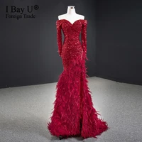 sparkle wine red off shoulder mermaid evening dress opening leg 2020 long sleeve sequin feather sexy dubai formal party dress