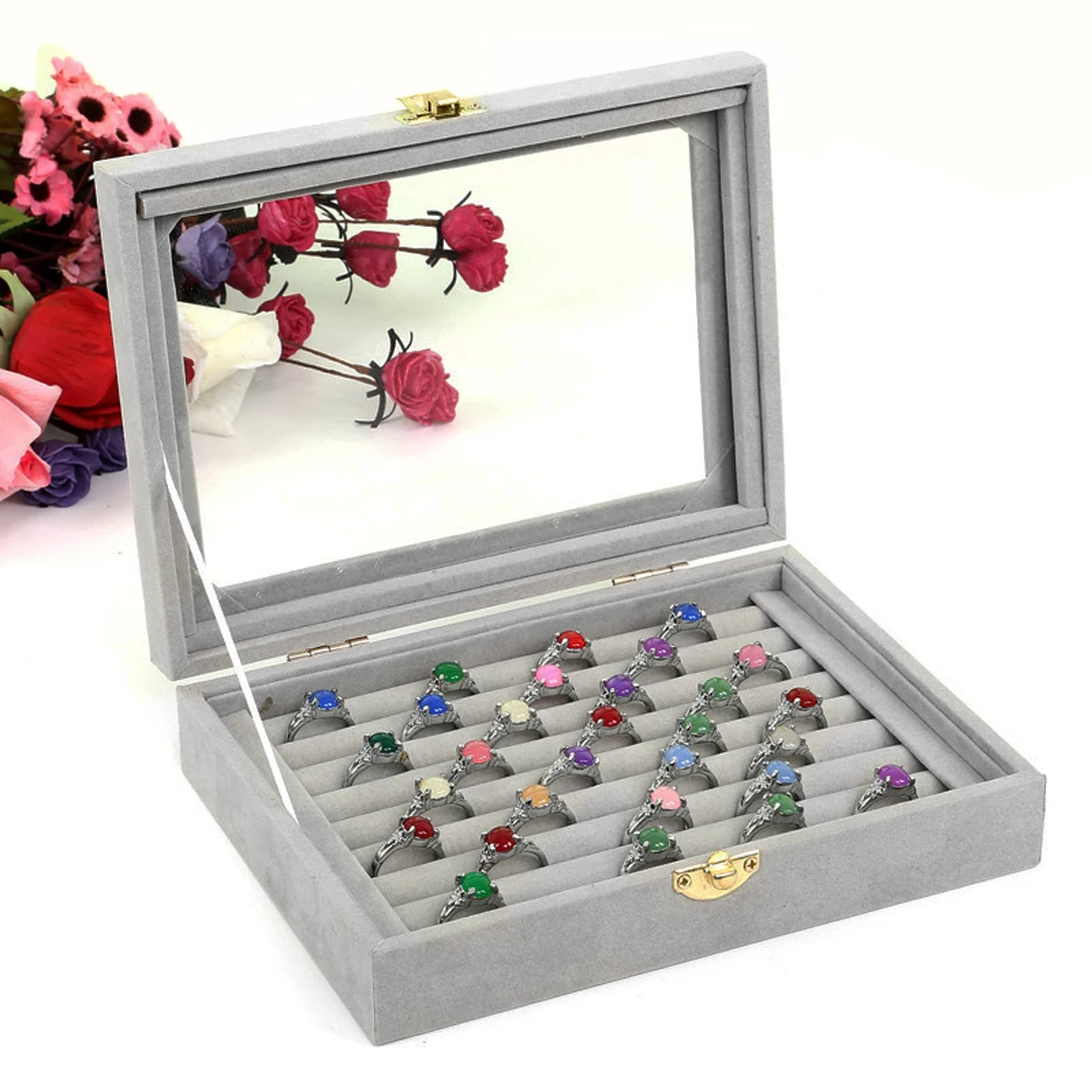 

24 сетки/8 кабин бархатная коробка для ювелирных изделий со стеклянной крышкой кольцо для ювелирных изделий Дисплей Коробка лоток держатель ...