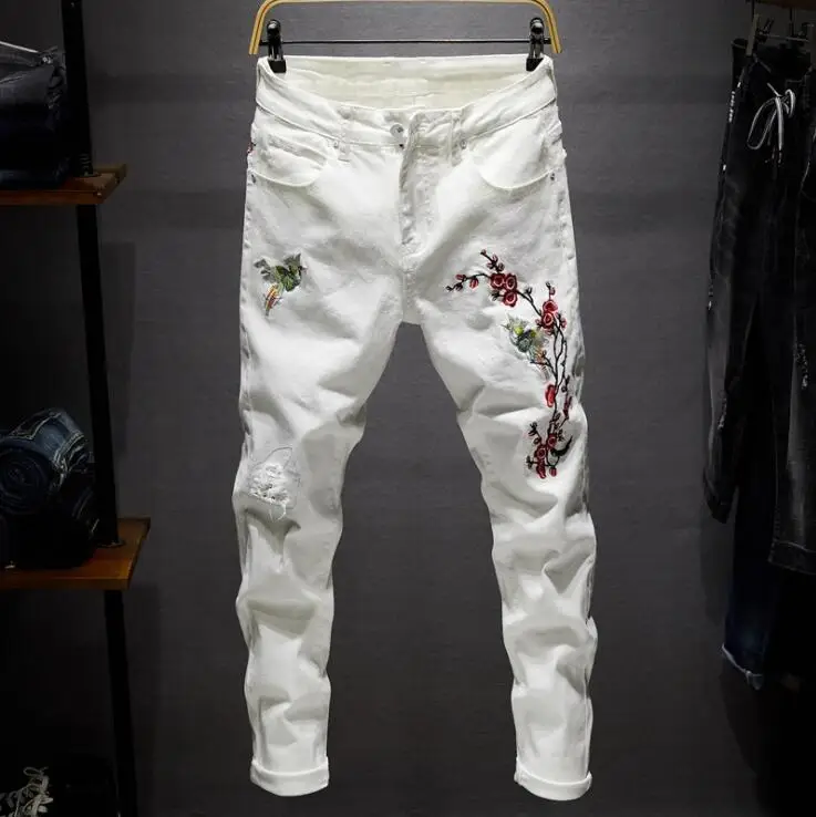 mens jeans embroidered rose flower original design trousers new European style ripped patch 3-color stretch slim trendy pants