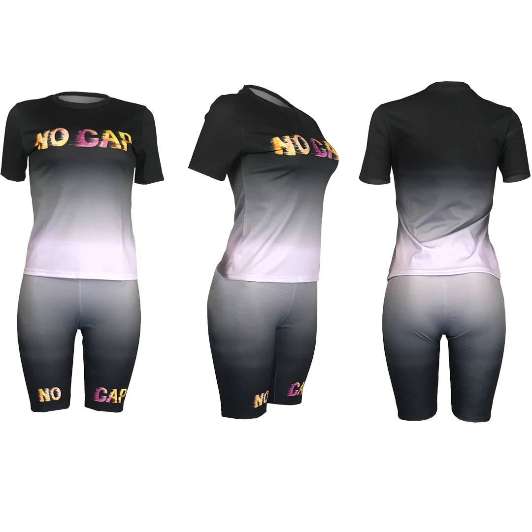 

Gradient 2020 Summer Women Two Pieces Sets Tracksuits Short Sleeve Tops Biker Shorts Suit Sporty Fitness Night Club 2 Pcs Outfit