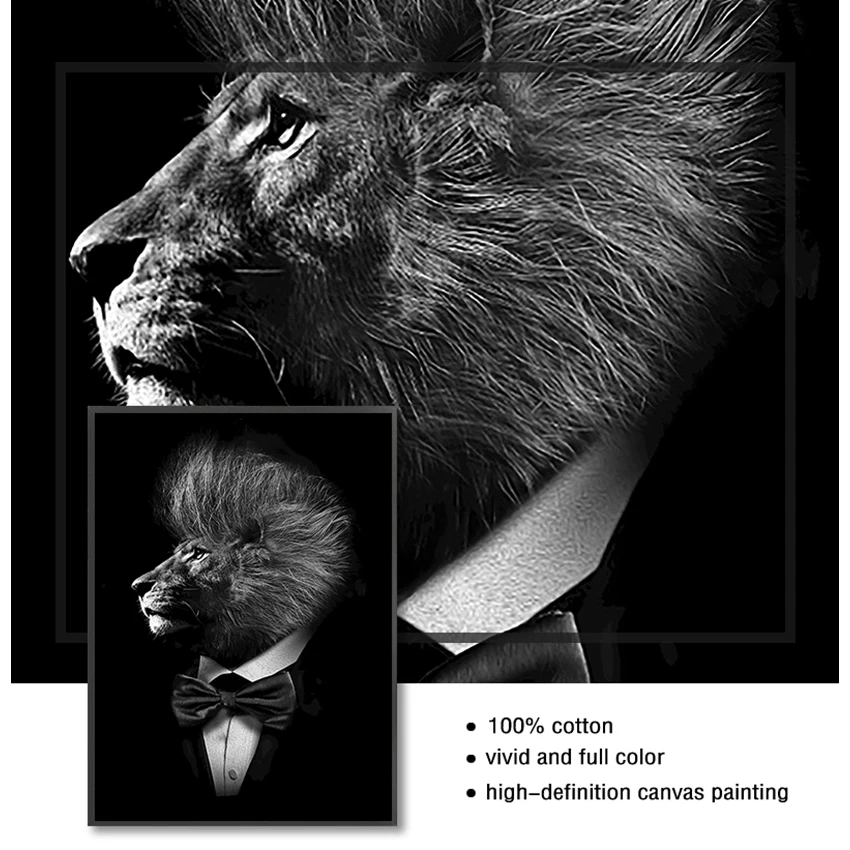 Животные холст искусство картины Смешные животные черный белый лев в костюме
