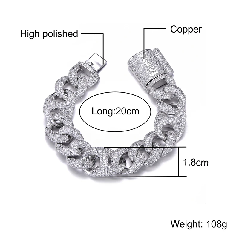 US7 18mm Miami Lock Clasp Cuban Link 7-9 Inch Bracelet Iced Out AAA Cubic Zircon Bling Hip Hop Jewelry for Men Gift | Украшения и