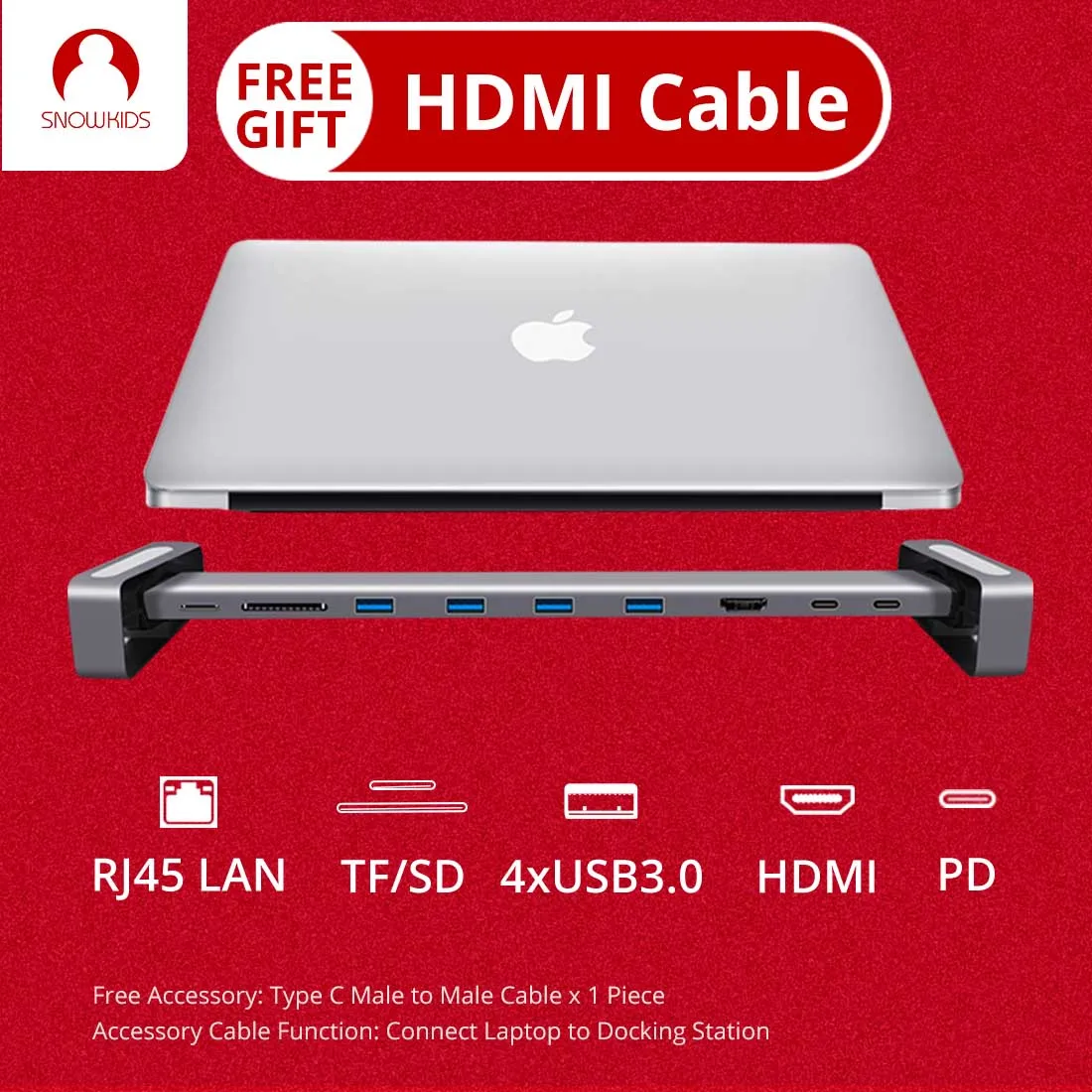 Док-станция Snowkids type C 10в1 USB C PD LAN RJ45 HDMI SD TF USB3.0 Rack Enhancement для MacBook hp Dell huawei Mi samsung