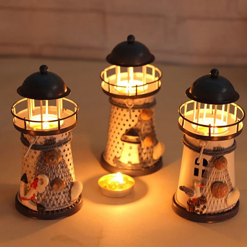 

Lantern Candle Holder Vintage Mediterranean-Style Iron Tower Candle Holder Lighthouse Holiday Candlestick Home Wedding Decor