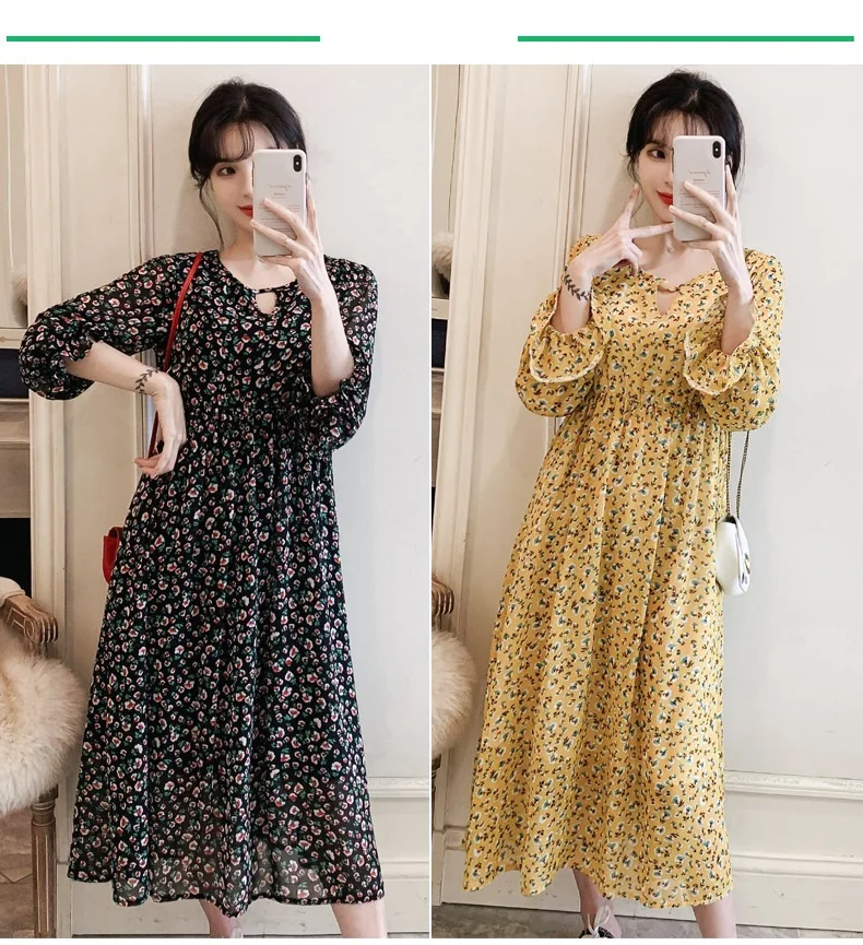 

Explosive maternity spring and autumn dress crush new long chiffon dress stitching flared sleeves pregnant dress