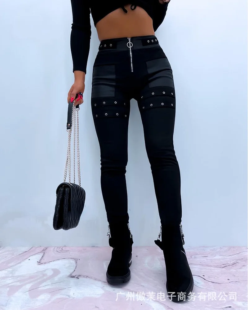

Black Zipper Stitching Slim Trousers Women Autumn 2021 New Fashion Casual Slim Trousers