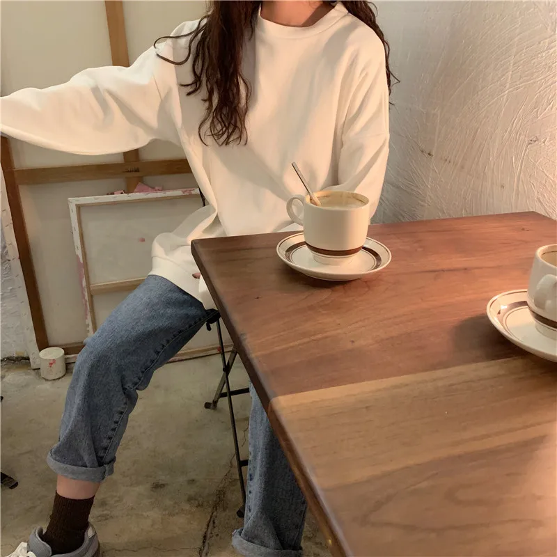 Осень корейский ulzzang мода Свободный Harajuku с длинными рукавами свитер ins простой сплошной цвет o-образным вырезом Повседневная Женская толстовка