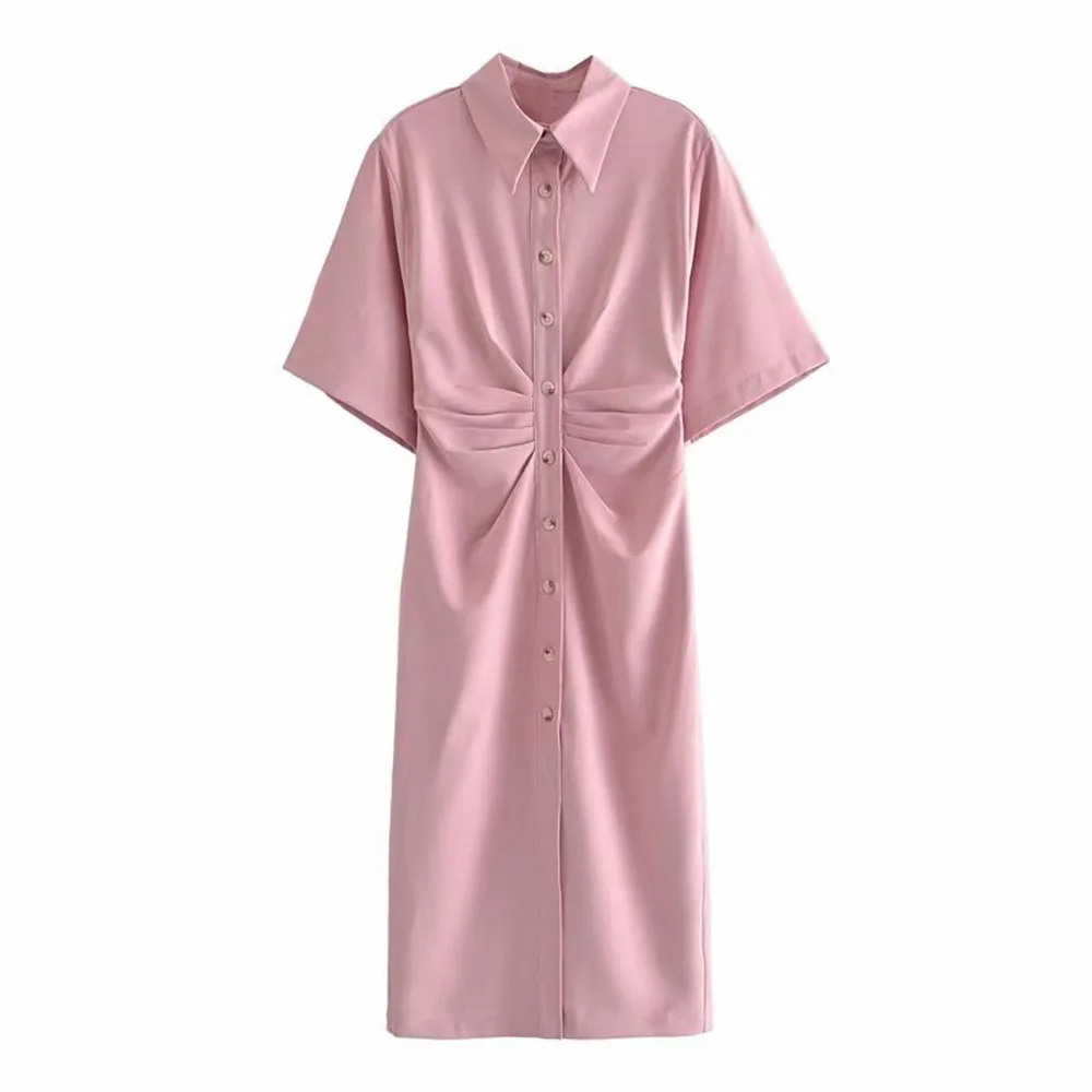 

2021 Za New Women chique moda boto-up drapeado midi camisa vestido vintage manga curta lado zper vestidos femininos
